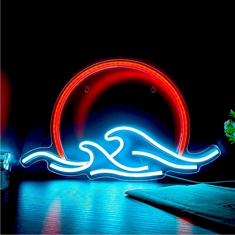 Neon Ocean Wave Sunset Blue Red Light Bedroom Outdoor Indoor Japanese RetroDecor - Picture 1 of 6